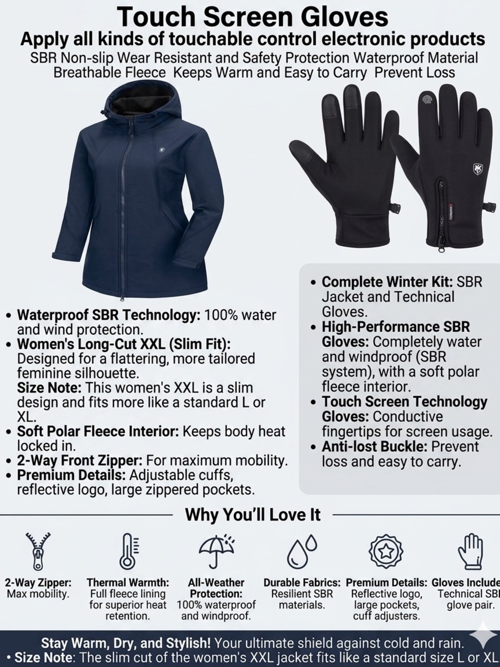 Little Donkey Andy Women's Jacket XXL (Fits L/XL) & SBR Gloves Combo